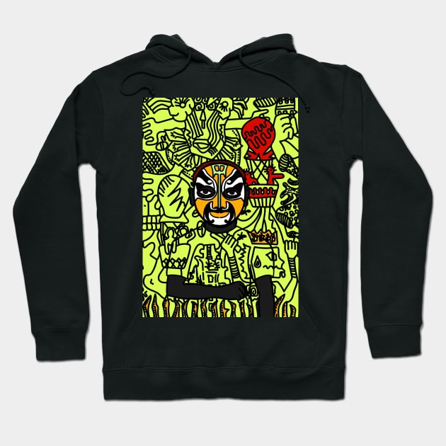 Explore the Enigmatic Carcosa - A MaleMask NFT with ChineseEye Color and Doodle Background Hoodie by Hashed Art